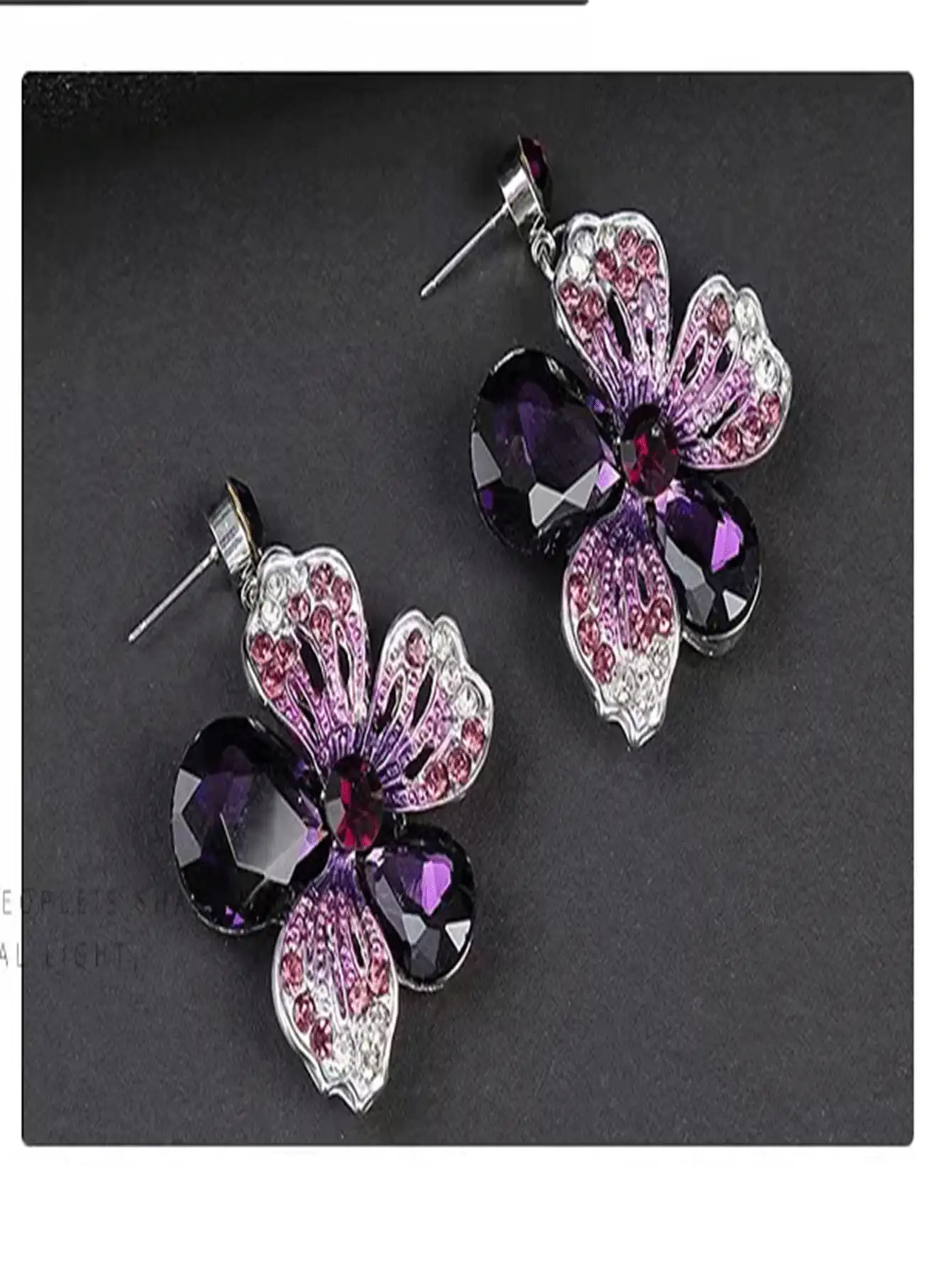 三件套奢华耳环项链首饰套装，采用精致花卉设计并镶嵌水钻。适合晚宴派对和完美的夏季海滩装扮。 - 紫色 - 查看 4