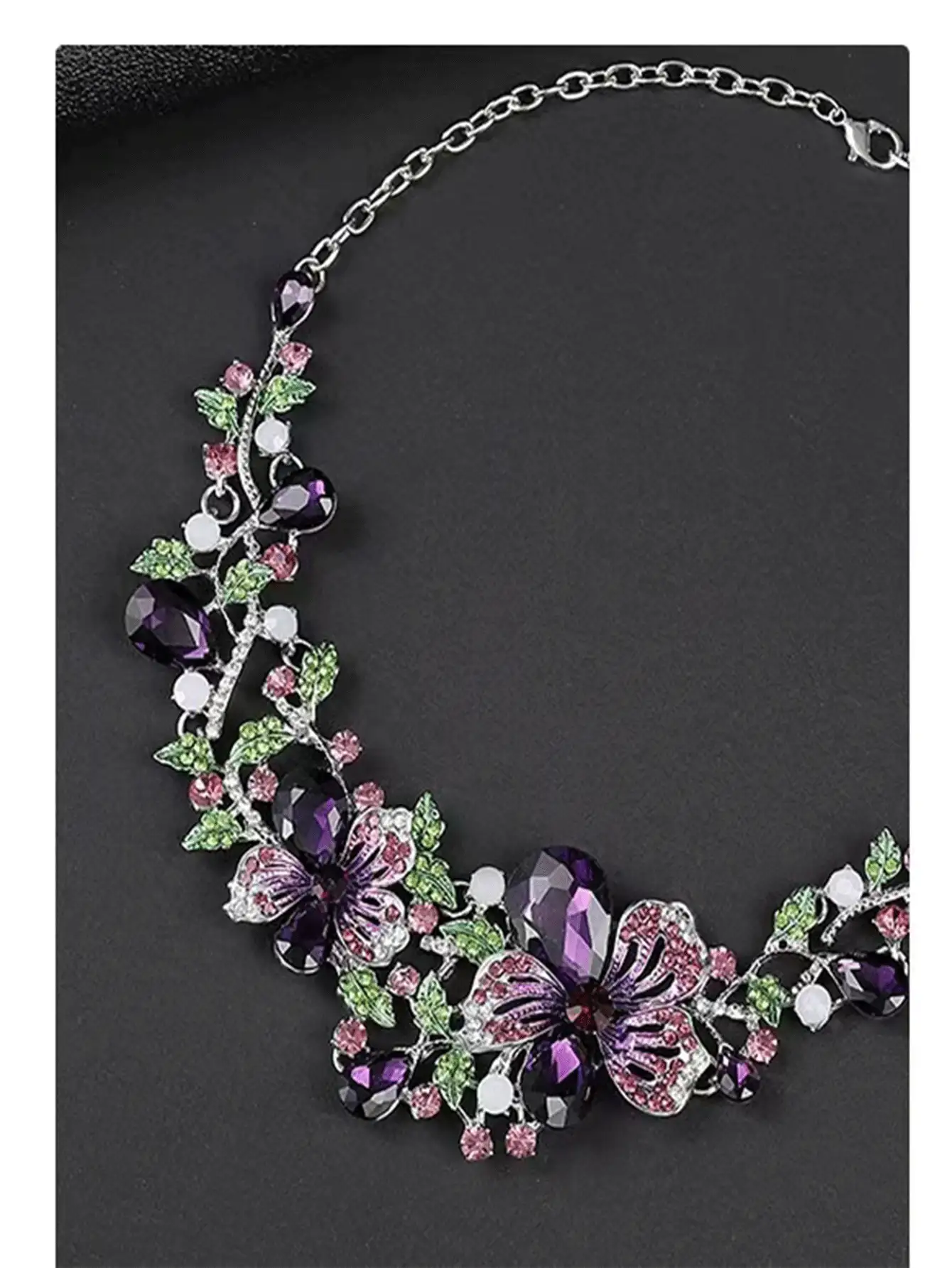 三件套奢华耳环项链首饰套装，采用精致花卉设计并镶嵌水钻。适合晚宴派对和完美的夏季海滩装扮。 - 紫色 - 查看 3