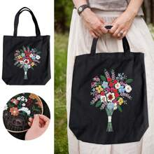 帆布手提袋刺繡十字繡套件,帶有花朵圖案,包括塑膠環、彩色線、針、說明 Diy 工藝品套件,適合生日週年紀念禮物,黑色 - 黑色 - 查看 2