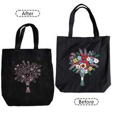 帆布手提袋刺繡十字繡套件,帶有花朵圖案,包括塑膠環、彩色線、針、說明 Diy 工藝品套件,適合生日週年紀念禮物,黑色 - 黑色 - 查看 4