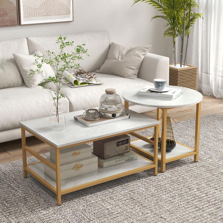 HOMCOM Coffee Tables Set of 2 with Storage Shelves, Faux Marble Top - 白色 - 查看 1