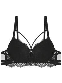 Sujetador De Tirantes Cruzados Con Relleno De Encaje Y Aros Para Efecto Push Up - Negro - Ver 2
