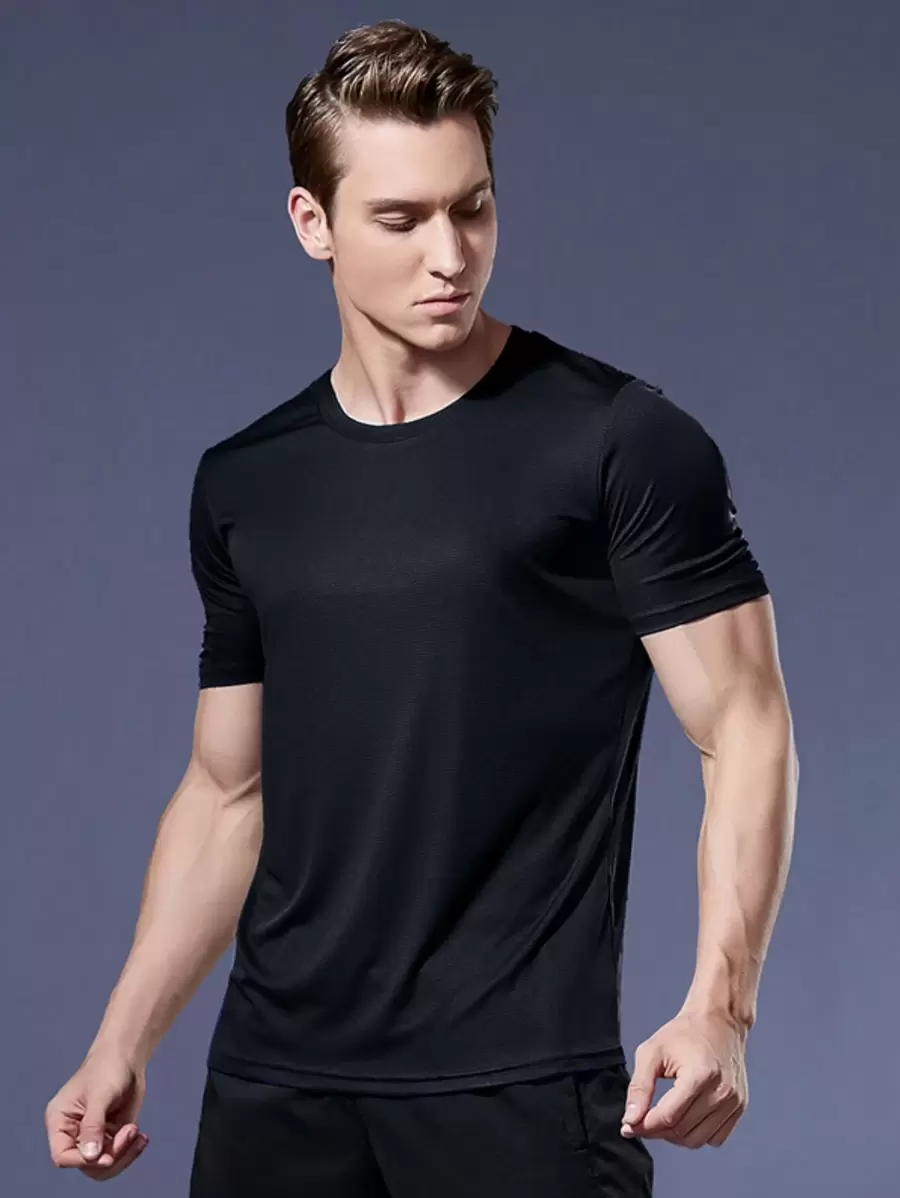 男士寬鬆編織短袖健身衫,快乾運動健身t恤,透氣排汗運動服上衣,跑步運動船領t恤健身服基礎t恤