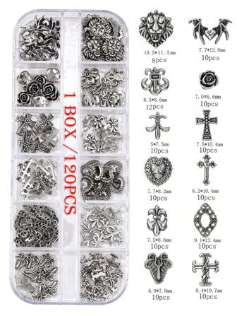 古银 120 件复古暗黑风格美甲贴片 Y2K 金属十字架指甲装饰盒套装合金金属质感，朋克风格 DIY 指甲造型装饰，暗黑哥特风指甲水钻假指甲装饰配件指甲饰指甲用品指甲宝石指甲