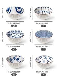 1pc Ceramic Bowl For Home Use, With Geometric Patterns And Blue & White Porcelain Design For Rice, Soup Or Other Food - White - View 5