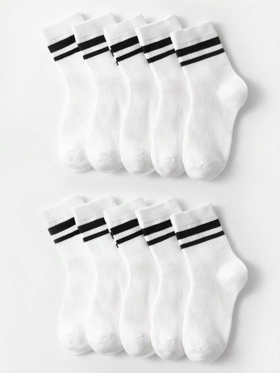 10 雙/包 兒童白色雙筋運動襪,圓領,透氣舒適,適合日常使用 - 黑與白 - 查看 1