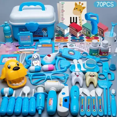 70 件藍色醫療假裝玩具工具套裝兒童室內醫生假裝玩具套裝,男孩/女孩醫生套裝,嬰兒針聽器,親子互動