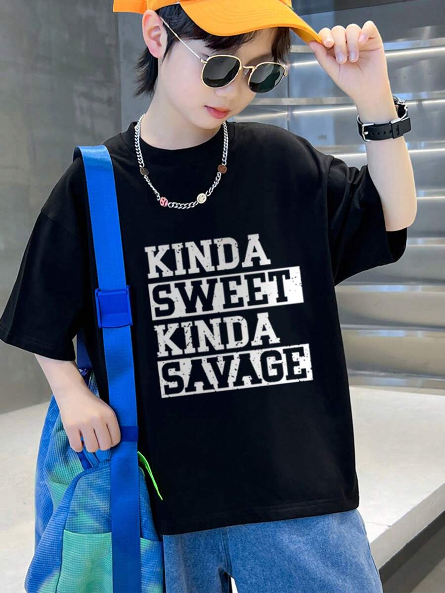 Cậu bé Tween Phong cách đường phố Đúng mốt In Vòng cổ Áo thun , Mùa hè - màu đen - Xem 1