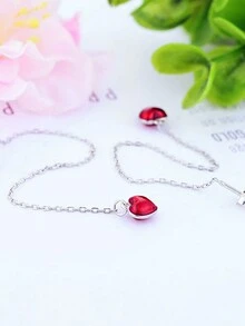 1對時尚925純銀流蘇和紅色心型吊墜耳環作為女性的禮物