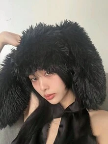 Mũ len trang trí tai thỏ ấm áp bằng lông nhung dễ thương dành cho nữ, màu trơn, thích hợp cho các hoạt động ngoài trời vào mùa thu và mùa đông như đi xe đạp, trượt tuyết, nhập vai và mặc hàng ngày - màu đen - Xem 2