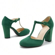 Women's T-Strap Block Chunky Heel Mary Jane Pumps Cut Out Wedding Dress Shoes - Green - View 5