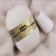 1球長毛水貂絨紗搭配亞麻蓬鬆紗、精紡毛紗、安哥拉紗、兔毛細毛紗手工針織 - 白色 - 查看 1