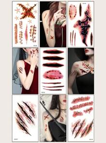 (5 件/包) 万圣节恐怖疤痕纹身贴纸，防水持久假血伤口设计个性化纹身，适合女性/男性 - 彩色 - 查看 1