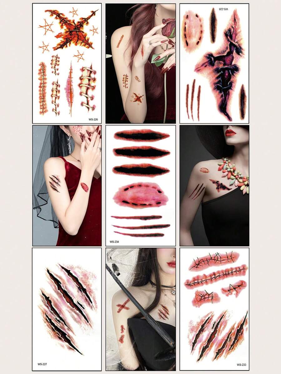 (5 件/包) 万圣节恐怖疤痕纹身贴纸，防水持久假血伤口设计个性化纹身，适合女性/男性 - 彩色 - 查看 1