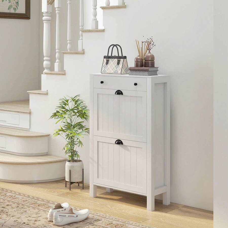 HOMCOM Shoe Storage Cabinet with 2 Flip Drawers for 8 Pairs of Shoes - 白色 - 查看 1
