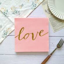 20 件裝金箔印花粉紅色「愛」主題一次性餐巾,6.5*6.5 英寸,非常適合求婚、訂婚、婚禮、週年紀念日、情人節、燭光晚餐、酒店、餐廳、酒吧、宴會、餐具 - 藕粉色 - 查看 1