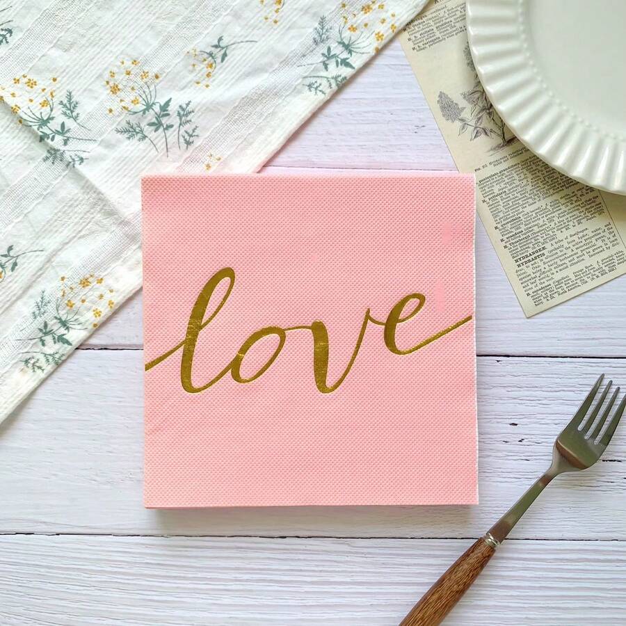20 件裝金箔印花粉紅色「愛」主題一次性餐巾,6.5*6.5 英寸,非常適合求婚、訂婚、婚禮、週年紀念日、情人節、燭光晚餐、酒店、餐廳、酒吧、宴會、餐具 - 藕粉色 - 查看 1