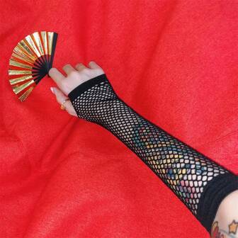 1雙女性黑色漁網手套,彈性網紗長款露指手套,表現服飾配件,性感手套