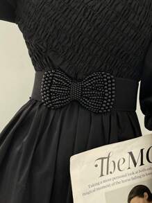 Cute 1pc Lady Faux Pearl Bowknot Waist Belt, Elastic, Suitable For Dress, Shirt, Etc. Halloween Valentine's Day Valentines Summer, School Fall, Autumn, Halloween - Black - View 1