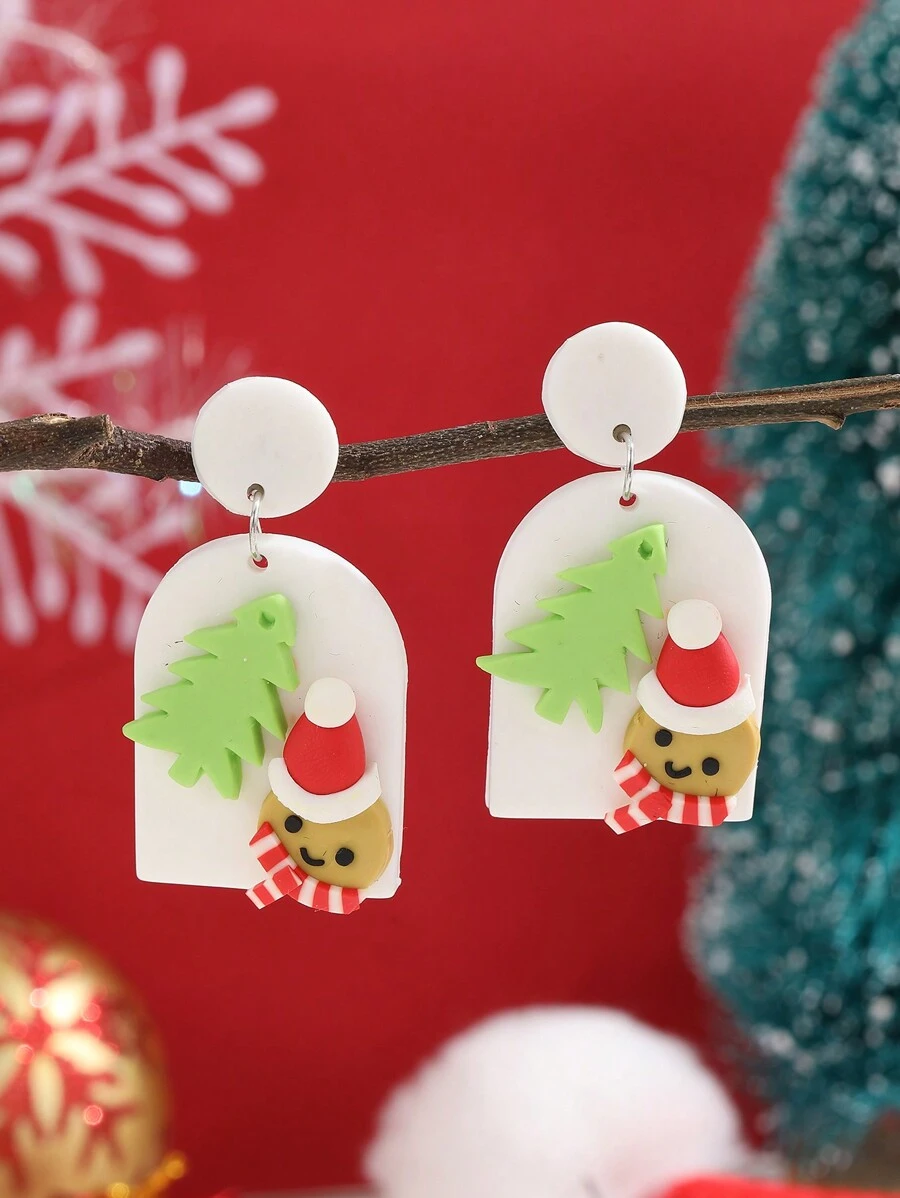 1 对时尚女士圣诞珠宝，创意圣诞树和雪人设计耳环，圣诞聚合物粘土耳环，适合女士圣诞装和圣诞礼物 - 彩色 - 查看 1