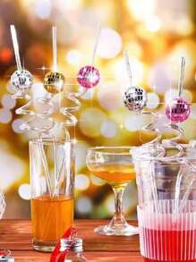 5pcs/12PCS Disco Ball Shaped Curved Creative Drinking Straw,Kitchen,Christmas Gift,School Supplies - Silver - View 6