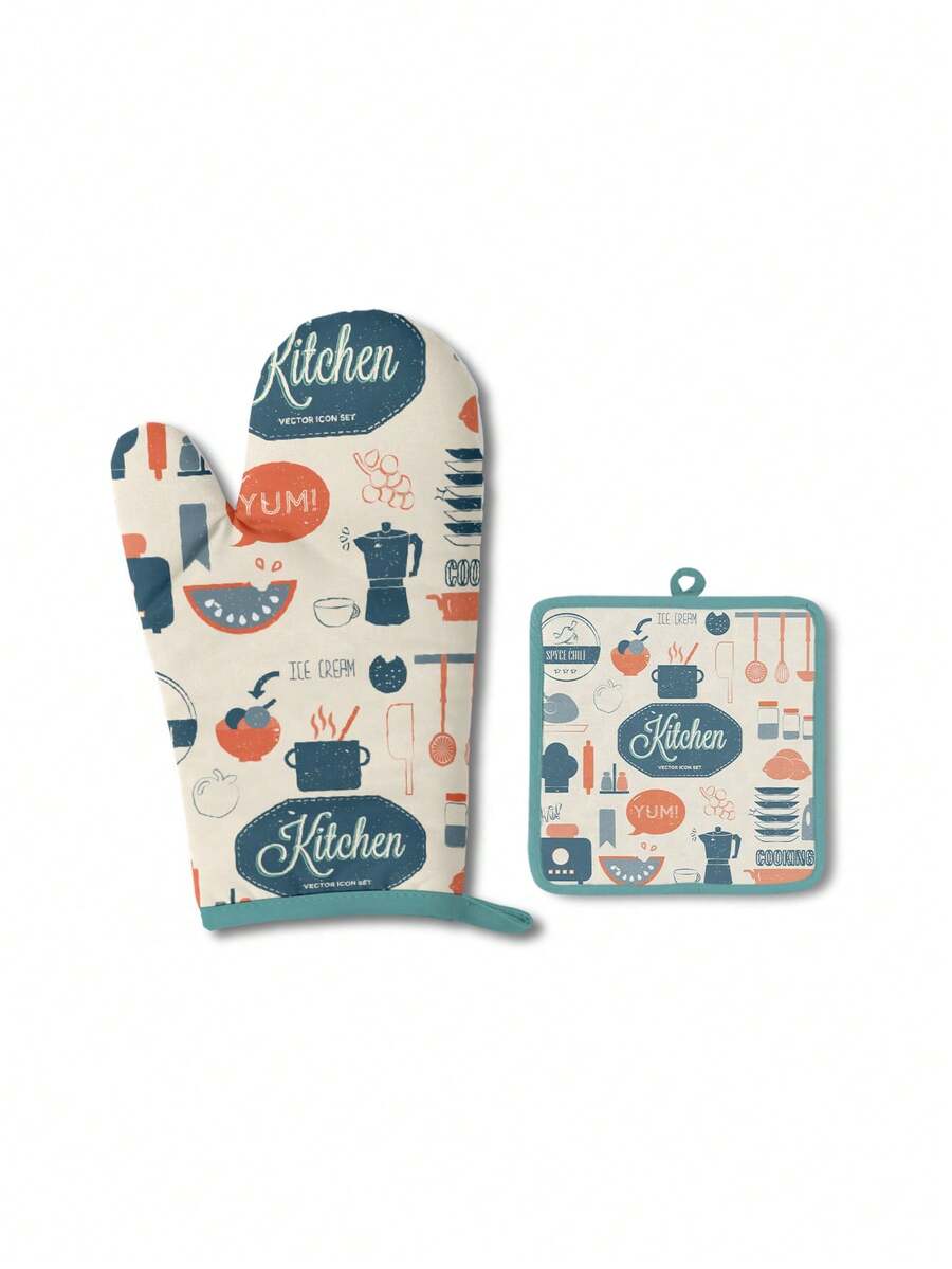 Navy Blue Kitchen Utensils Heat Resistant Glove - Print - View 1