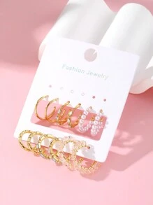 12 件/套優雅珍珠粉色水鑽 C 形耳環 - 金黃色 - 查看 2