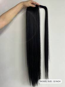 32英寸黑棕色长直马尾接发，环绕式夹子马尾接发，自然柔软合成发，女士适用 - 黑色 - 查看 3