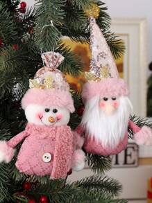 1pc Pink Christmas Tree Plush Decoration Ornament With Santa Claus, Snowman, And Reindeer For Home Christmas Tree Decorations - Baby Pink - View 3