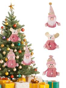 1pc Pink Christmas Tree Plush Decoration Ornament With Santa Claus, Snowman, And Reindeer For Home Christmas Tree Decorations - Baby Pink - View 2