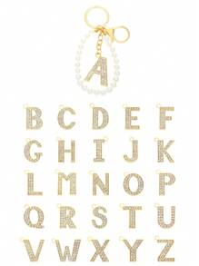 1 Pieza Llavero Con Letras De 26 Piezas Con Perlas Falsas Y Pedrería Engastada Para Hombre Y Mujer, Accesorio De Colgante Para Bolsos - Amarillo Oro - Ver 1