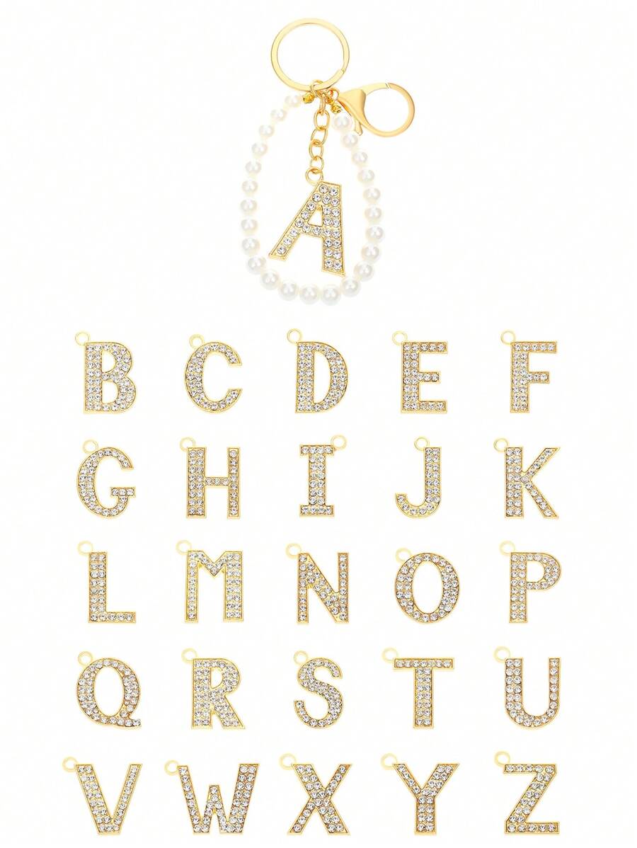 1 Pieza Llavero Con Letras De 26 Piezas Con Perlas Falsas Y Pedrería Engastada Para Hombre Y Mujer, Accesorio De Colgante Para Bolsos - Amarillo Oro - Ver 1