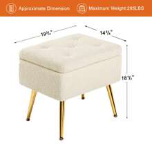 Furnistyle Autumn Ivory White Sherpa Makeup Vanity Stool Chair with Storage, Fur Bench Ottoman Living, Accent Stool Storage Ottoman Living, Tufted Upholstered Footstool with Chic Metal Legs for Makeup Beauty Room, Livingroom and Bedroom, Entryway Bench