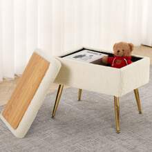 Furnistyle Autumn Ivory White Sherpa Makeup Vanity Stool Chair with Storage, Fur Bench Ottoman Living, Accent Stool Storage Ottoman Living, Tufted Upholstered Footstool with Chic Metal Legs for Makeup Beauty Room, Livingroom and Bedroom, Entryway Bench