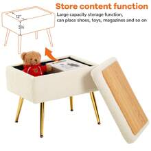Furnistyle Autumn Ivory White Sherpa Makeup Vanity Stool Chair with Storage, Fur Bench Ottoman Living, Accent Stool Storage Ottoman Living, Tufted Upholstered Footstool with Chic Metal Legs for Makeup Beauty Room, Livingroom and Bedroom, Entryway Bench