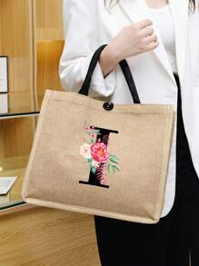 亞麻花信手提袋,個性化禮物袋,適用於婚禮、生日、海灘、假期等場合,是女性、母親、老師、朋友、伴娘、大包、學生及返校的完美禮物 - 卡其色 - 查看 2