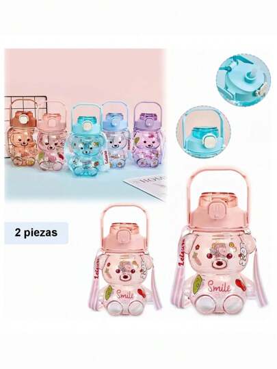 DeTODO Set 2 Piezas Botellas de Agua Oso Kawaii + Sitckers 1300ml-300ml