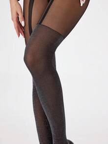 1 Miếng Quý cô Quần tất lưới cá Với Màu bạc Ống xâu dây Bắt chước Thắt lưng Nịt vớ & Mô hình hoa - màu đen - Xem 5
