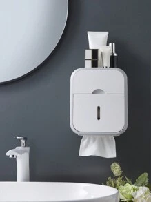 1 Stück wandmontierter grau-weißer Taschentuchbox-Halter mit Schublade, klebefrei für Badezimmer-Dekoration und Herbstdekoration