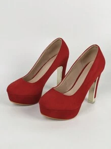 Red Suede Round Toe Chunky Heel Pumps