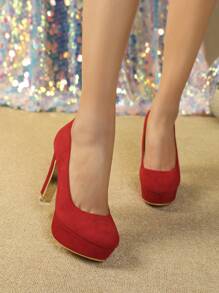 Red Suede Round Toe Chunky Heel Pumps