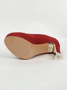Red Suede Round Toe Chunky Heel Pumps