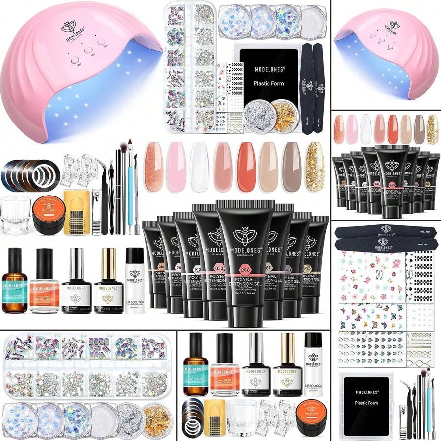Modelones Poly Nail Gel Kit With 48W LED Nail Lamp 8 Fall Colors Clear Orange Pink Brown Glitter Extension Builder Gel Complete Nail Art Tools Manicure Professional Nail Starter Supplies DIY At Home - 彩色 - 查看 1