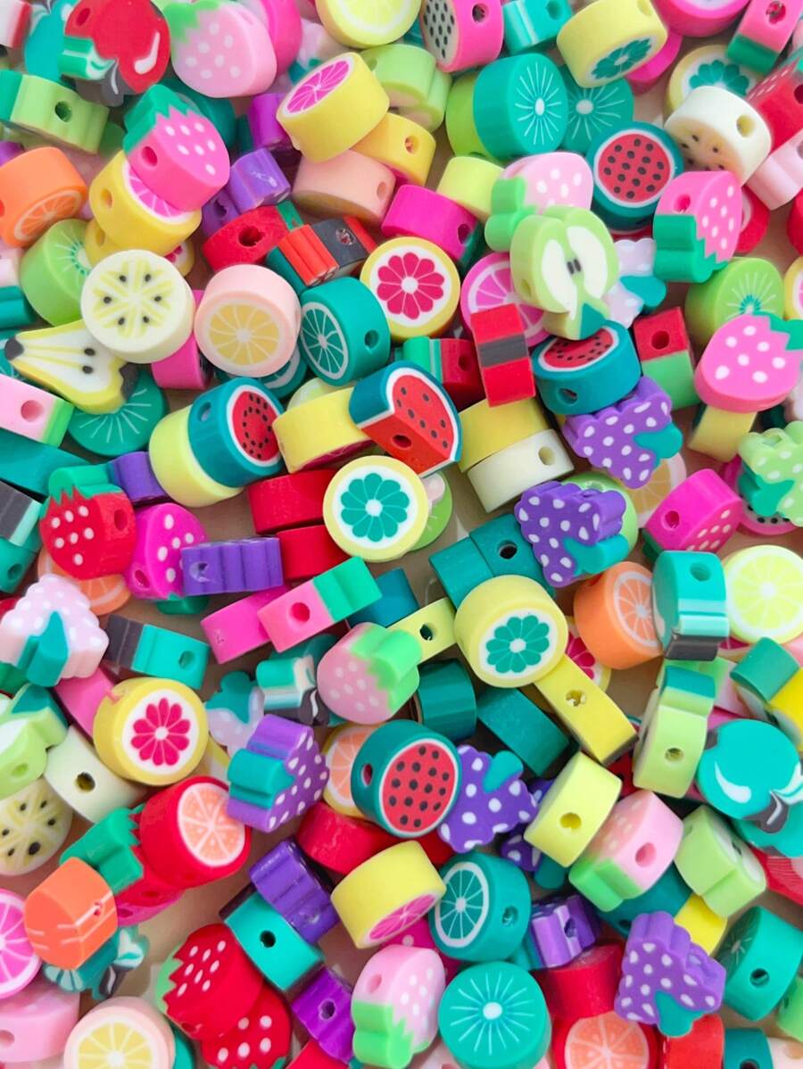 100pcs/set Fashionable Fruit Shaped Clay Beads For Bracelet & Necklace Making (random Style) - Multicolor - View 1