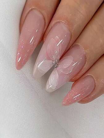 24pcs French Blush Ombre Sparkly Butterfly Shaped Artificial False Nails With Nail Glue, Suitable For Students, Ladies, Women, Holiday Parties, Dancing, Dating, Travel, Daily Wear, And More Occasions Press On Nails Nail Supplies