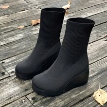 針織短靴,圓頭楔形/中跟/中筒靴,修身彈性靴 - 黑色 - 查看 5