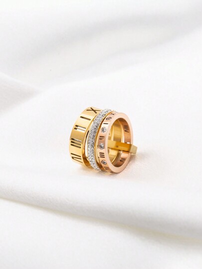 1pc Luxury Stainless Steel & Rhinestone Decorated Roman Numerals & Hollow Out Design Multilayer Ring For Men, Birthday Gift, Rose Gold
