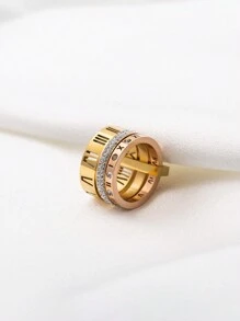 1pc Luxury Stainless Steel & Rhinestone Decorated Roman Numerals & Hollow Out Design Multilayer Ring For Men, Birthday Gift, Rose Gold - Multicolor - View 4