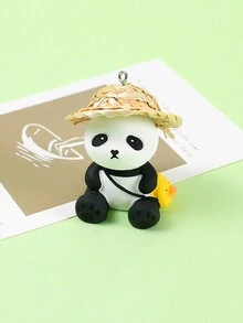 1 件树脂熊猫戴草帽小雕像钥匙扣，时尚包包吊坠装饰，可爱熊猫娃娃包包配饰