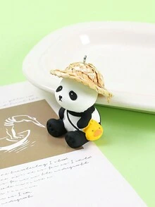 1 件树脂熊猫戴草帽小雕像钥匙扣，时尚包包吊坠装饰，可爱熊猫娃娃包包配饰